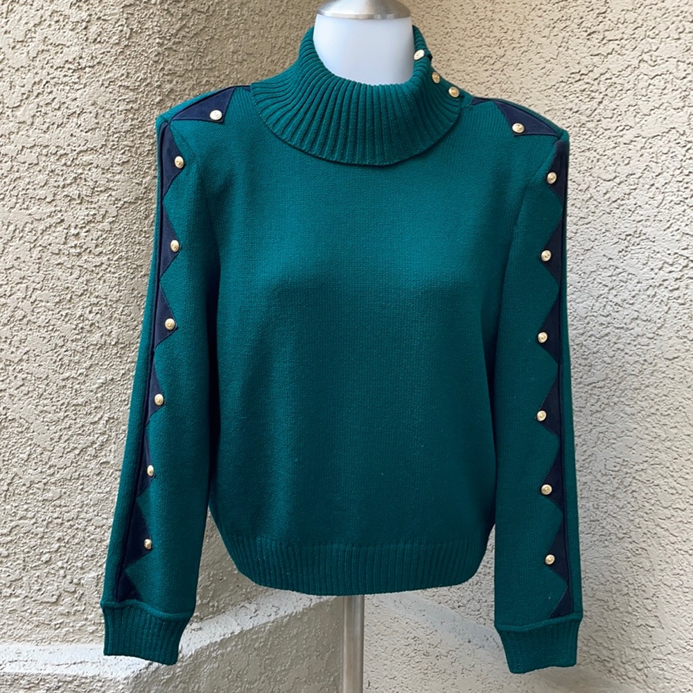 St. John Teal Green & Navy Blue Ribbed Cowl Neck Sweater with Gold Buttons